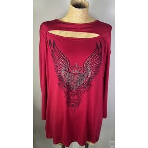 Y2K Cleo Casuals Women's Top Bling Angel Wings Heart Crown Grunge Emo Red 3XL